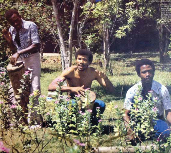 François (right) experimented with séga drums in collaboration with Patrick Victor (centre)